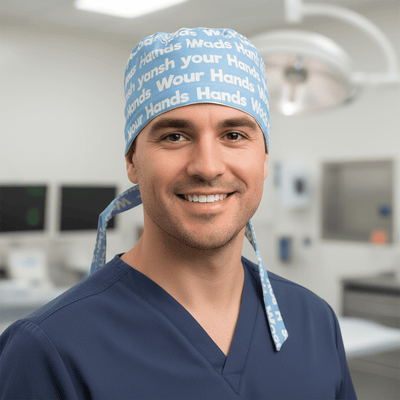 Wash Your Hands scrub cap shown on model