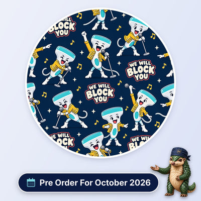 We Will Block You scrub cap print: ultrasound probes in yellow jackets singing into microphones on navy, with a Pre Order For October 2026 badge