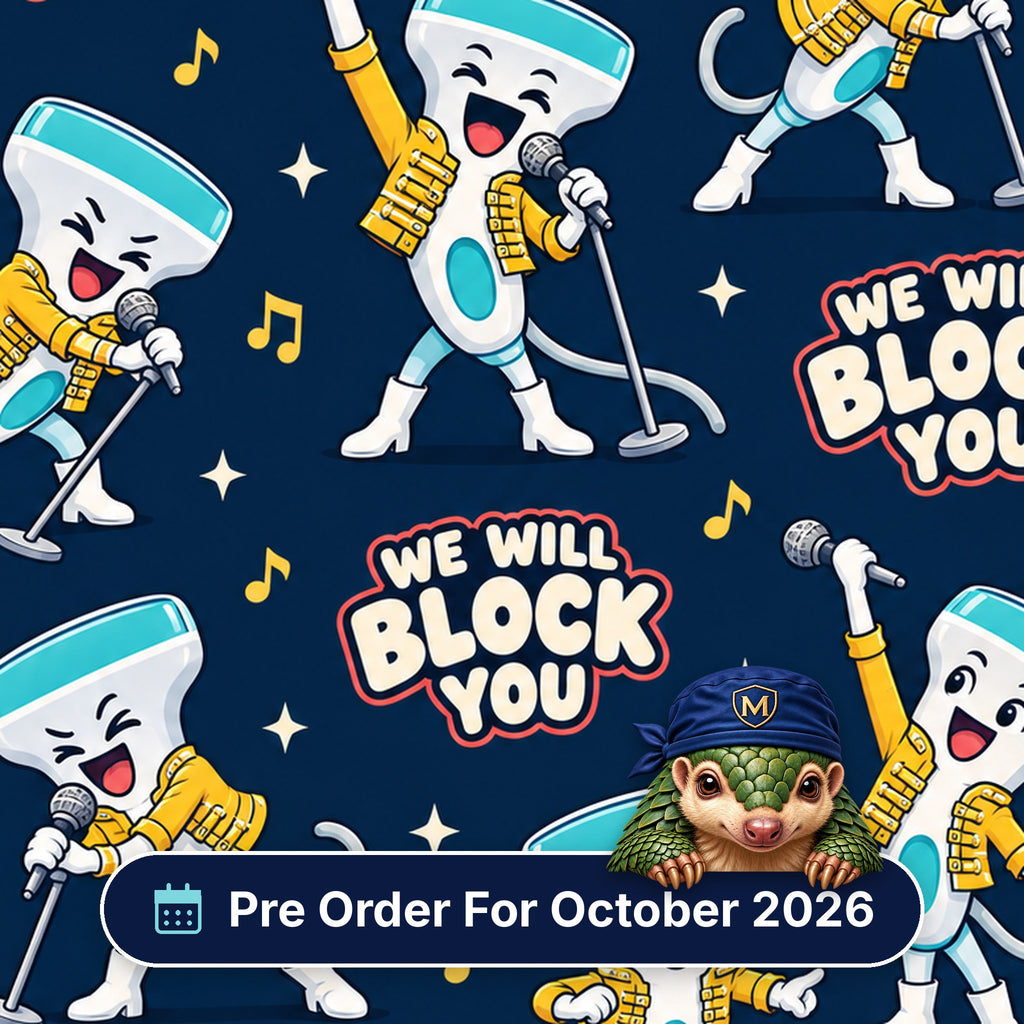 We Will Block You scrub cap print: ultrasound probes in yellow jackets singing into microphones on navy, with a Pre Order For October 2026 badge