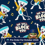 We Will Block You scrub cap print: ultrasound probes in yellow jackets singing into microphones on navy, with a Pre Order For October 2026 badge