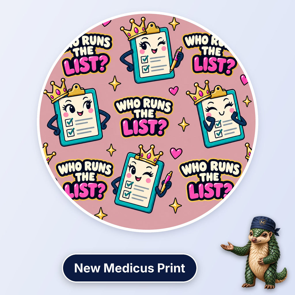 Who Runs The List? scrub cap print: crowned clipboards with ticked checklists, pens and hearts on dusky pink