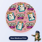 Who Runs The List? scrub cap print: crowned clipboards with ticked checklists, pens and hearts on dusky pink