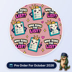 Who Runs The List? scrub cap print: crowned clipboards with ticked checklists, pens and hearts on dusky pink, with a Pre Order For October 2026 badge