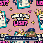 Who Runs The List? scrub cap print: crowned clipboards with ticked checklists, pens and hearts on dusky pink, with a Pre Order For October 2026 badge