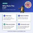 How pre-order works for the Who Runs The List? scrub cap: order today, made in Sheffield, ships early October 2026