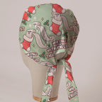 Who Stole The Theatre List scrub cap in Bandana tie-back style on mannequin head, back view with ties