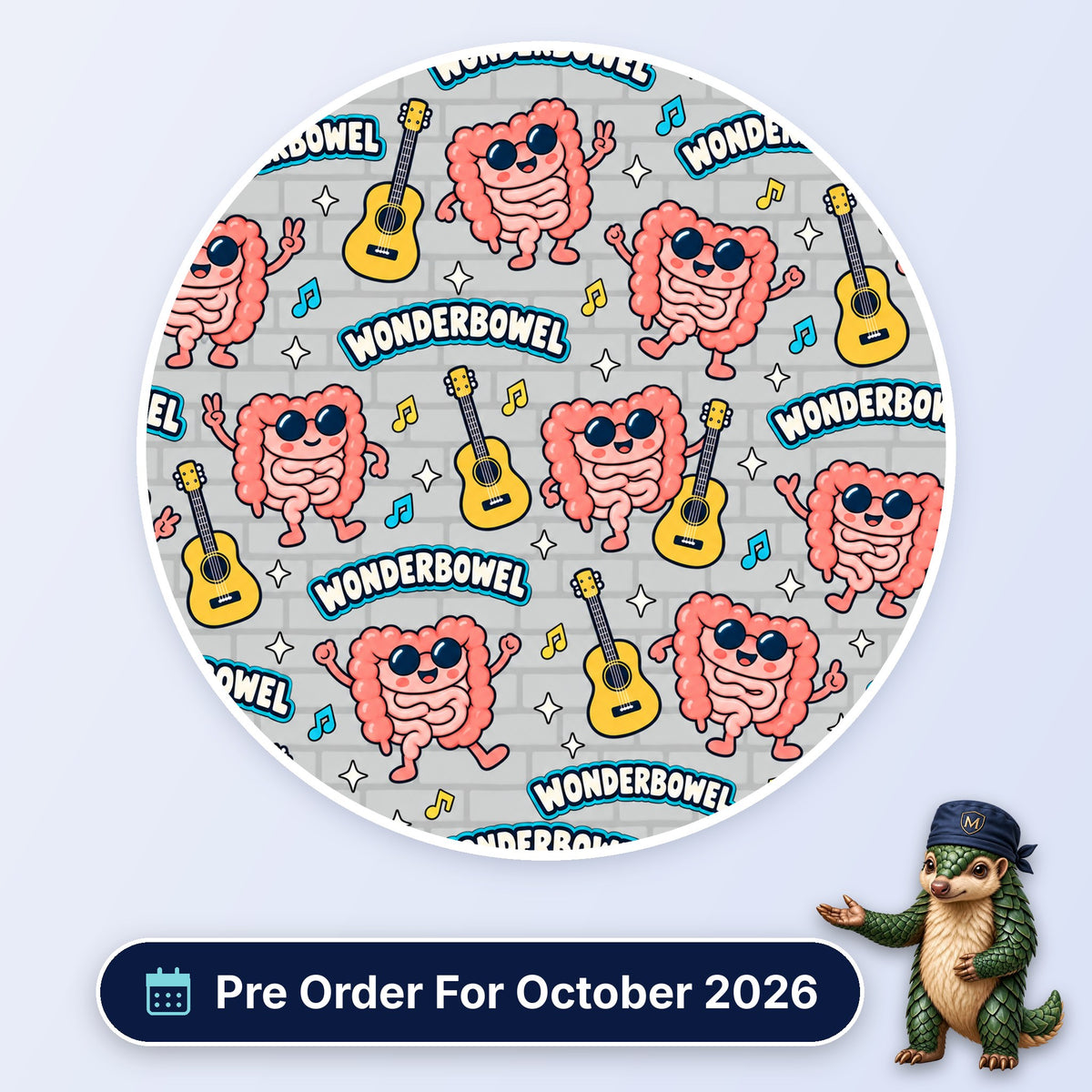 Wonderbowel scrub cap print: cartoon intestines in sunglasses playing guitars on a grey brick background, with a Pre Order For October 2026 badge