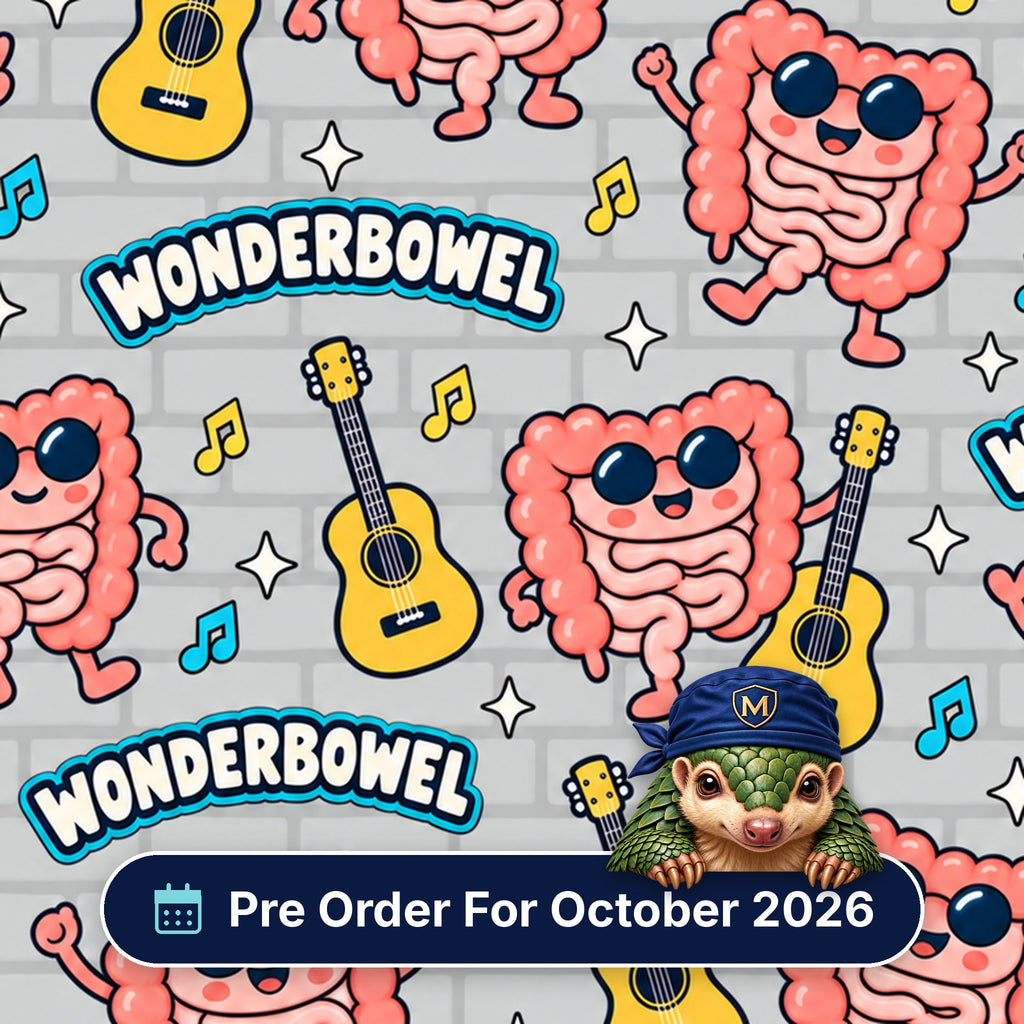 Wonderbowel scrub cap print: cartoon intestines in sunglasses playing guitars on a grey brick background, with a Pre Order For October 2026 badge