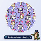 Working 9 To Spine scrub cap print: spines with blonde curls, pink cowboy hats and cowgirl boots with disco balls on lilac, with a Pre Order For October 2026 badge