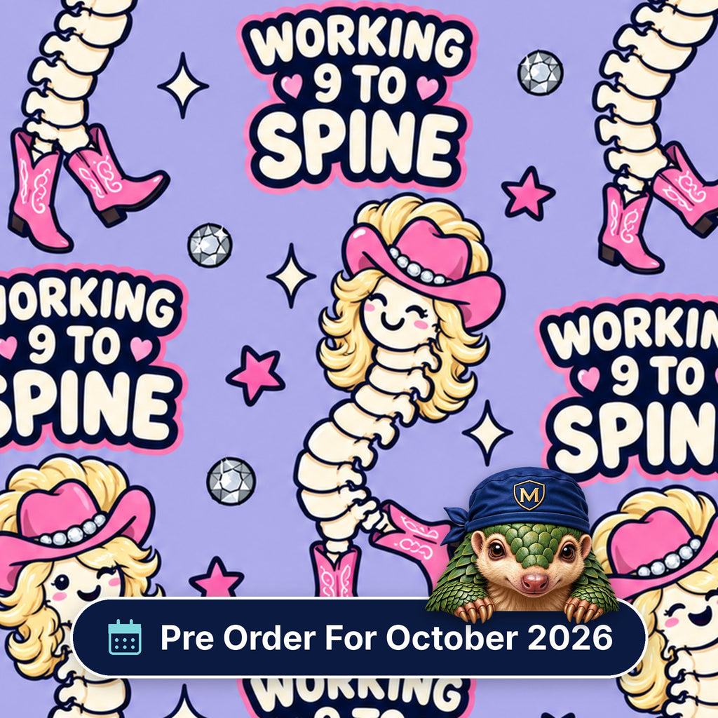 Working 9 To Spine scrub cap print: spines with blonde curls, pink cowboy hats and cowgirl boots with disco balls on lilac, with a Pre Order For October 2026 badge
