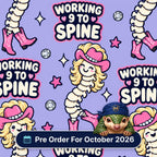Working 9 To Spine scrub cap print: spines with blonde curls, pink cowboy hats and cowgirl boots with disco balls on lilac, with a Pre Order For October 2026 badge
