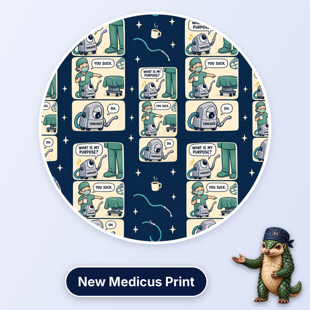 Yankauer scrub cap print: comic strip of a Yankauer sucker asking about its purpose with a surgeon on navy