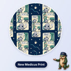 Yankauer scrub cap print: comic strip of a Yankauer sucker asking about its purpose with a surgeon on navy