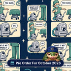 Yankauer scrub cap print: comic strip of a Yankauer sucker asking about its purpose with a surgeon on navy, with a Pre Order For October 2026 badge