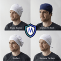 Collage of different Medicus Caps scrub cap styles worn by a man: elastic-backed, captain tie back, bouffant, and bandana tie back.