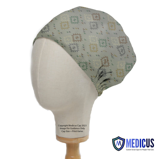 Boheme Boho Geometric Shapes Theatre Scrub Cap from Medicus Scrub Caps, featuring an earthy-toned geometric pattern on a mannequin head.