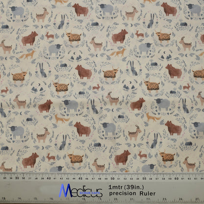 The Boho Boheme Animals Scrub Cap by Medicus Scrub Caps features a whimsical wildlife print with earthy-toned animals and foliage on a light background, perfect for healthcare professionals.