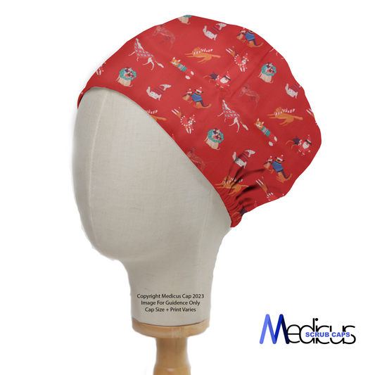 Christmas Dog Jumper Day Red Scrub Cap from Medicus Scrub Caps, featuring festive dog-themed patterns on a vibrant red fabric.