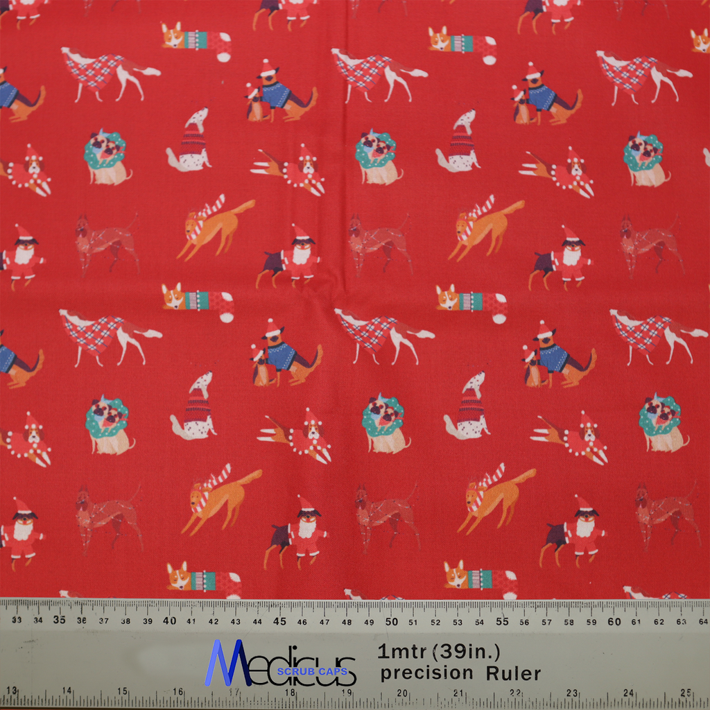 Christmas Dog Jumper Day Red Scrub Cap from Medicus Scrub Caps, featuring festive dogs in holiday jumpers on a bright red background.