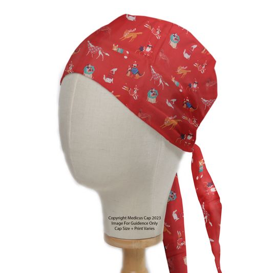 Christmas Dog Jumper Day Red Scrub Cap from Medicus Scrub Caps, featuring festive dog-themed patterns on a vibrant red background.