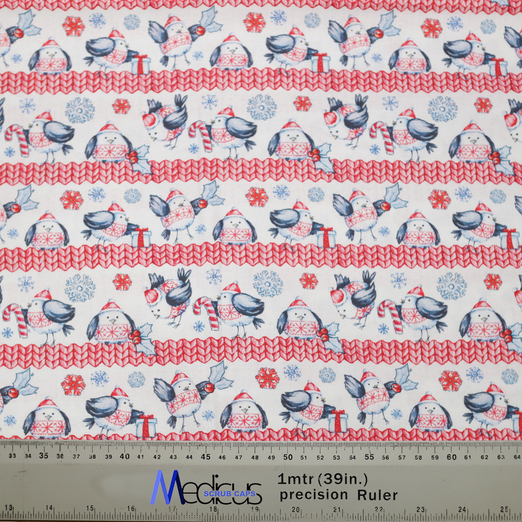 The Christmas Fat Birds Snow Jumper Scrub Cap by Medicus Scrub Caps features festive birds, snowflakes, candy canes, and red zigzag lines on a cozy winter pattern.