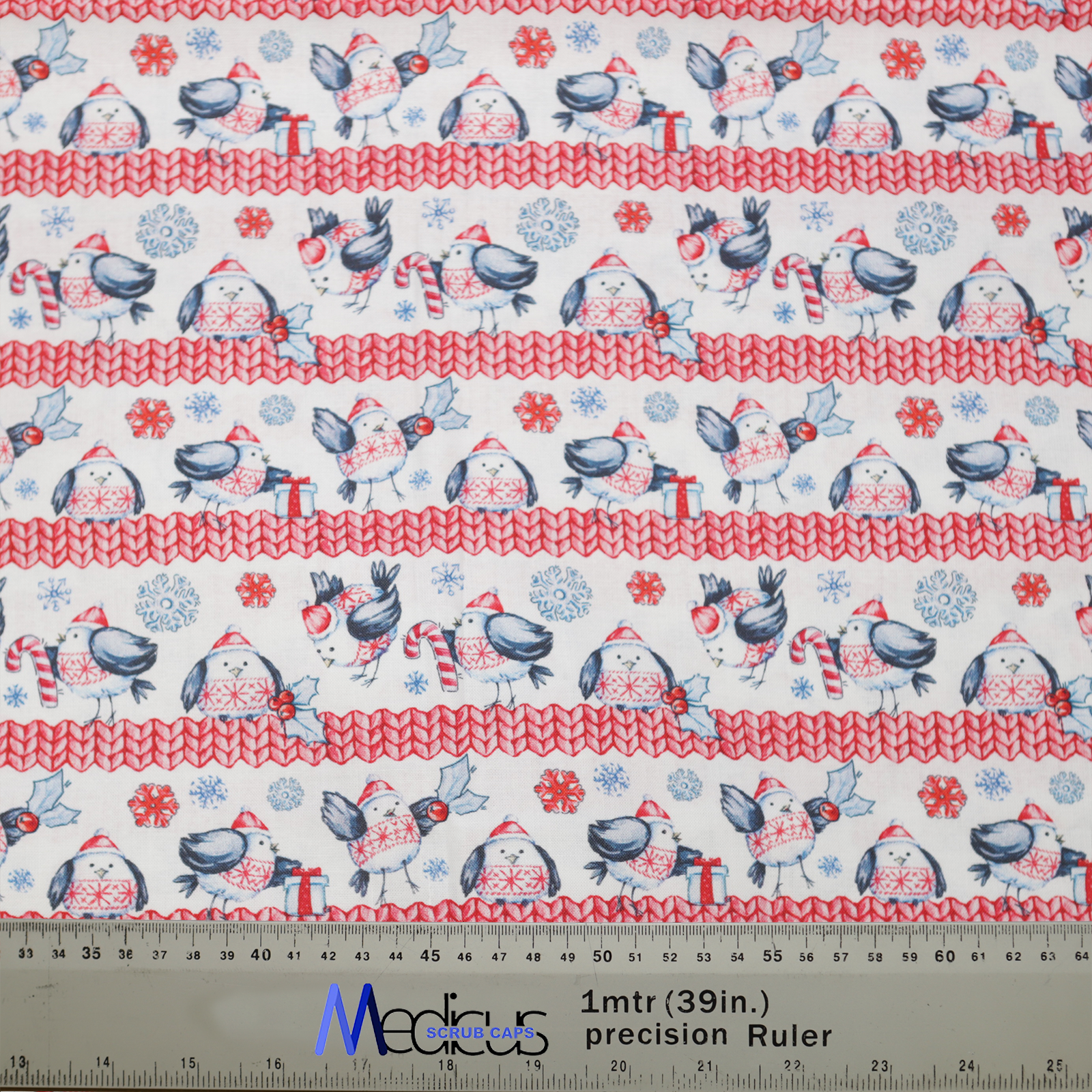 The Christmas Fat Birds Snow Jumper Scrub Cap by Medicus Scrub Caps features festive birds, snowflakes, candy canes, and red zigzag lines on a cozy winter pattern.