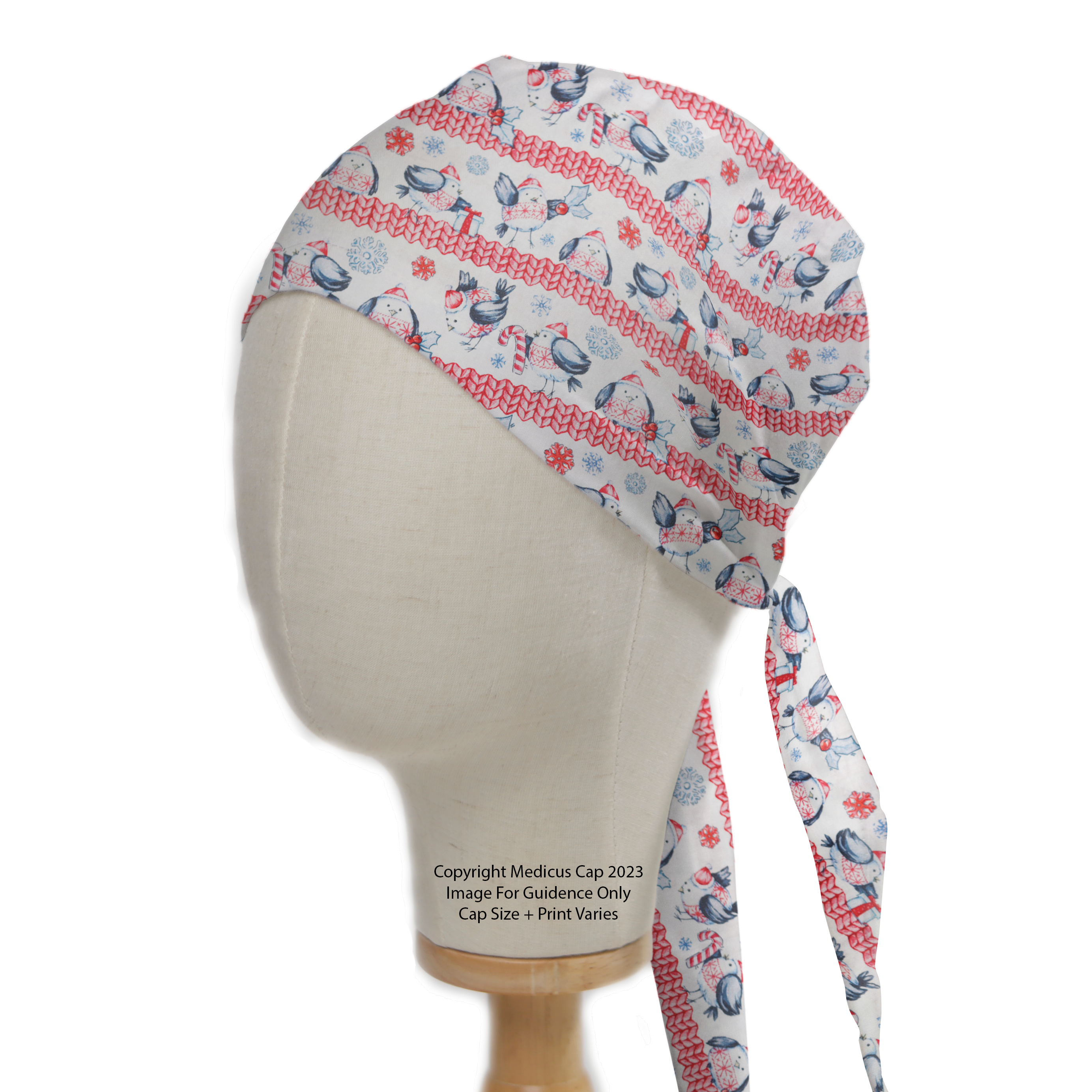 A mannequin displays the Christmas Fat Birds Snow Jumper Scrub Cap by Medicus Scrub Caps, featuring festive bird patterns on eco-friendly, reusable fabric with tie-back detail.