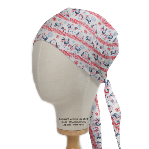 Christmas Fat Birds Snow Jumper scrub cap pattern detail on mannequin