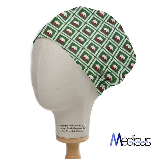 Christmas Puddings Green Grid Scrub Cap from Medicus Scrub Caps, featuring a festive pattern on a green background.