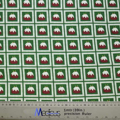 Christmas Puddings Green Grid Scrub Cap from Medicus Scrub Caps, featuring a festive pattern of Christmas puddings on a green grid background.