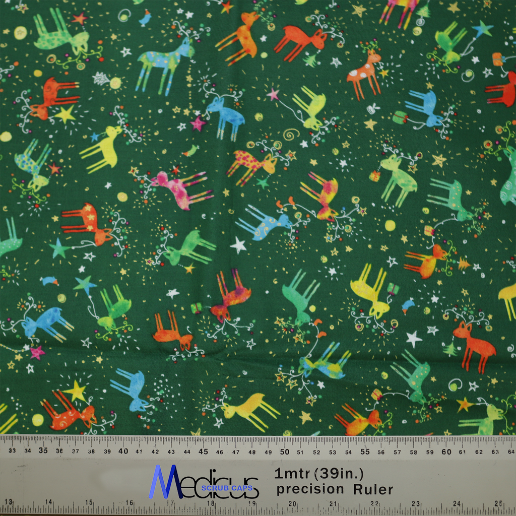 The Medicus Scrub Caps Christmas Reindeer Lights features colorful reindeer and stars on a festive green background, perfect for adding holiday cheer.