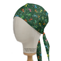A mannequin head displays the Christmas Reindeer Lights scrub cap by Medicus Scrub Caps, featuring colorful reindeer, festive stars, and a tie-back design.