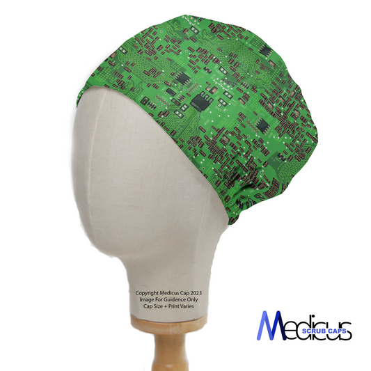 Circuits Motherboard Green Scrub Cap from Medicus Scrub Caps, featuring a detailed electronic circuit board pattern on a green background.