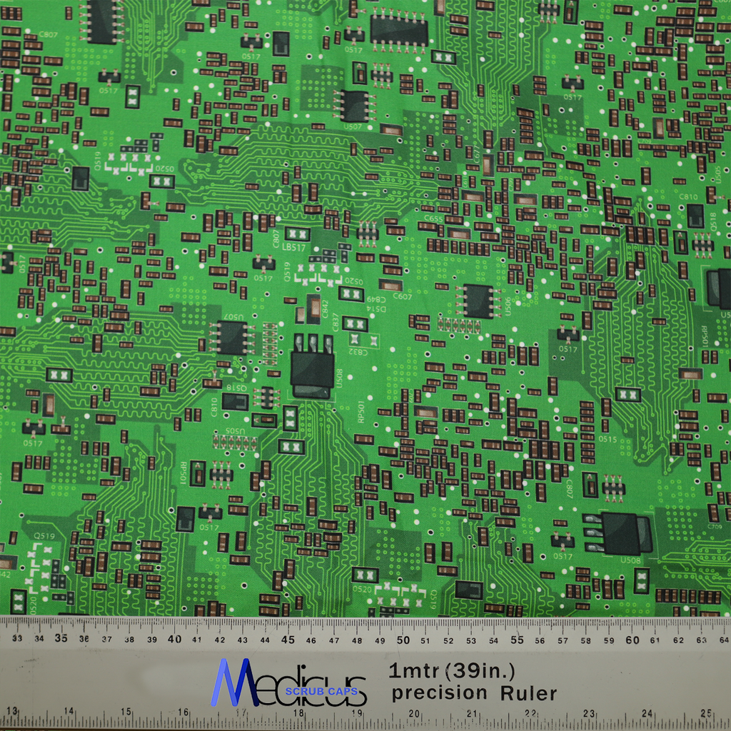 Circuits Motherboard Green Scrub Cap from Medicus Scrub Caps, featuring a vibrant green circuit board pattern with intricate electronic details.