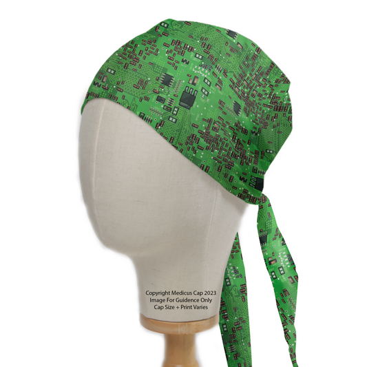 Circuits Motherboard Green Scrub Cap from Medicus Scrub Caps, featuring a detailed green circuit board pattern on a tied-back medical cap.