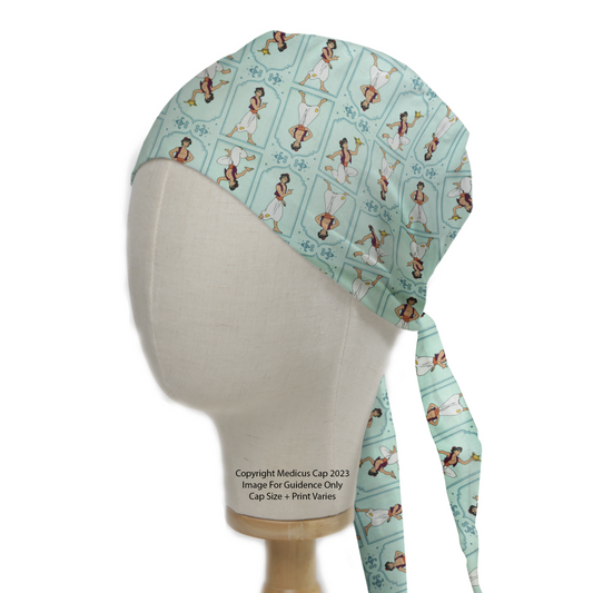 A mannequin head showcases the Disney Aladdin Pose Theatre Cap by Medicus Scrub Caps, a light blue scrub cap featuring Aladdin in various poses with long ties.