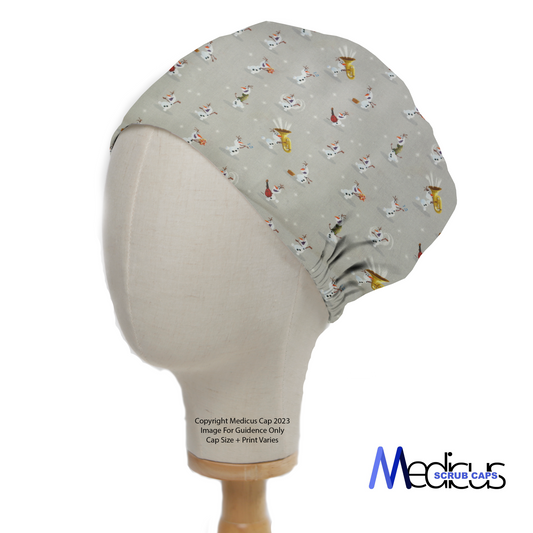 Disney Frozen Olaf Skating Music Grey Scrub Cap from Medicus Scrub Caps, featuring playful Olaf illustrations on a soft grey background.