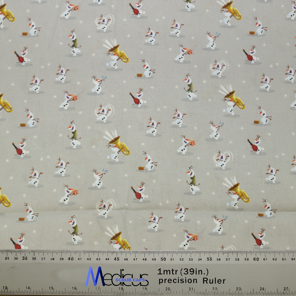 Disney Frozen Olaf Skating Music Grey Scrub Cap from Medicus Scrub Caps, featuring playful Olaf designs on a light grey background with musical and skating elements.