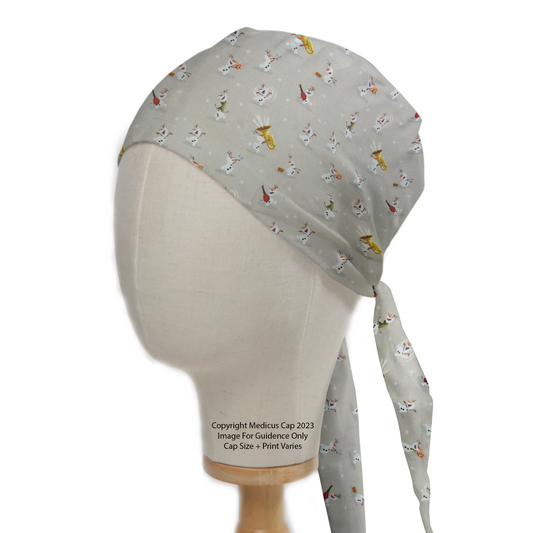 Disney Frozen Olaf Skating Music Grey Scrub Cap from Medicus Scrub Caps, featuring a playful Olaf pattern on a light grey background.