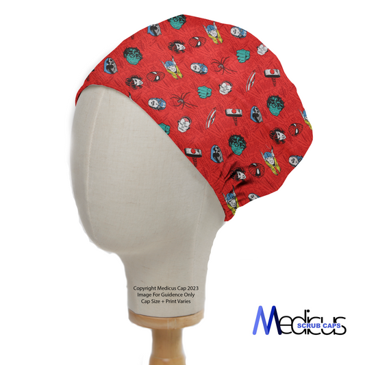 Disney Marvel Head Toss Red Scrub Cap from Medicus Scrub Caps, featuring a vibrant red design with Marvel superhero icons.