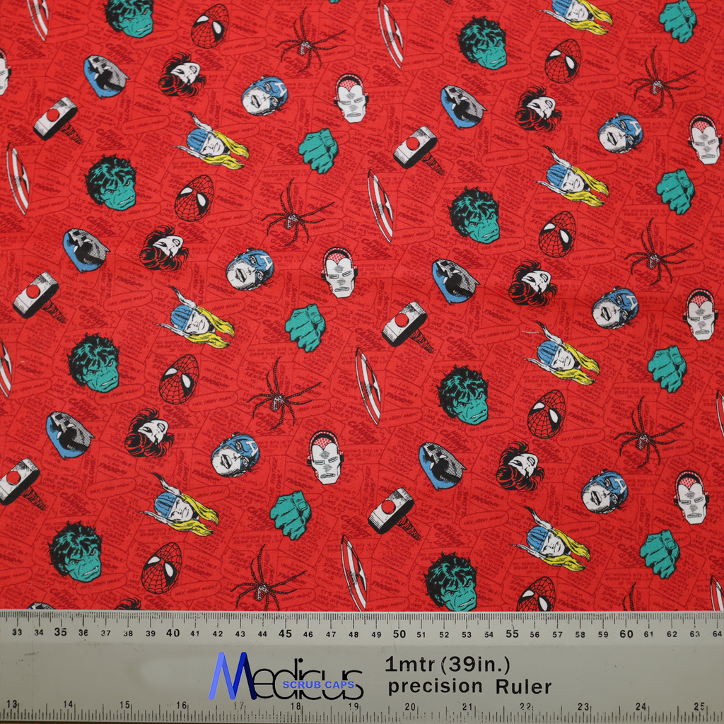 Disney Marvel Head Toss Red Scrub Cap from Medicus Scrub Caps, featuring superhero icons on a red background.