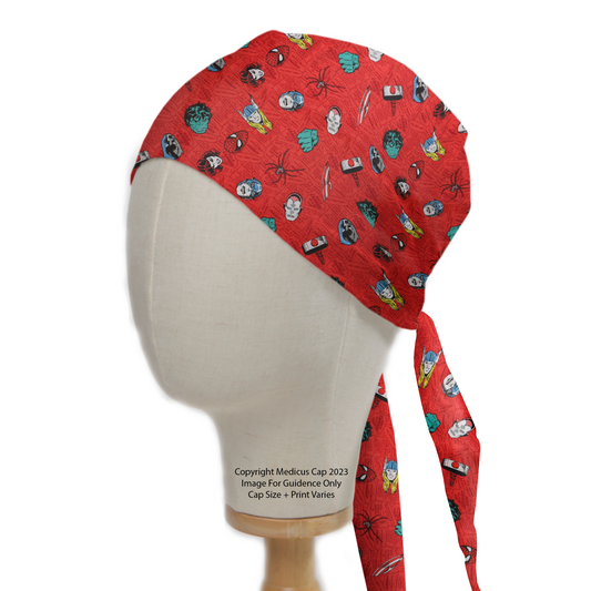 Disney Marvel Head Toss Red Scrub Cap from Medicus Scrub Caps, featuring a vibrant superhero-themed pattern on a red background.