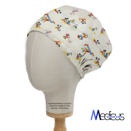 Side view of a mannequin head wearing a Medicus Scrub Cap with a Disney character mashup print on an ivory-grey background with stars.