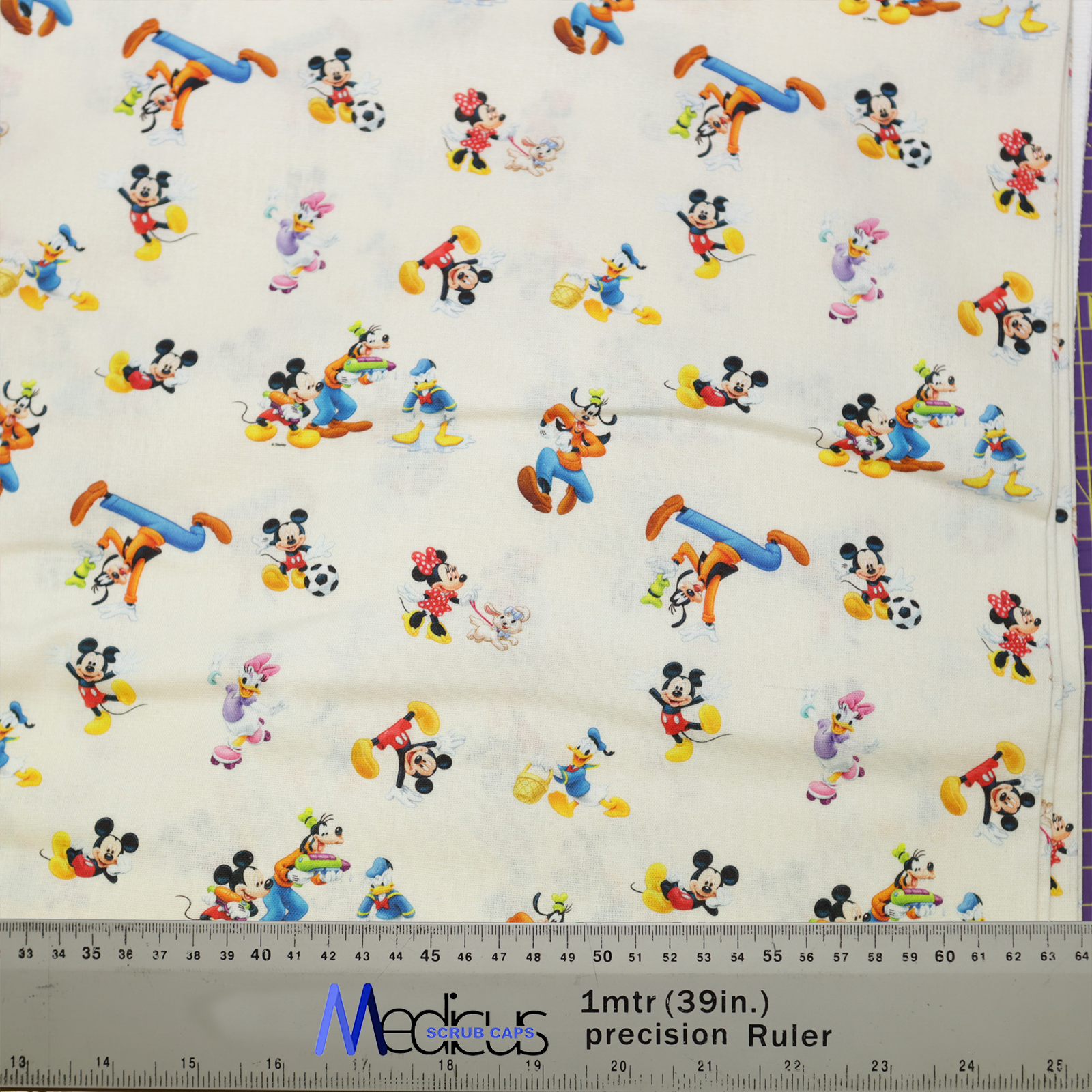 Disney Mickey Character Mashup Pluto Daffy Spread Ivory Grey Stars fabric from Medicus Scrub Caps, featuring classic Disney characters in playful poses on a light background.