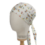 Disney Mickey Character Mashup Pluto Daffy Spread Ivory Grey Stars scrub cap pattern detail on mannequin