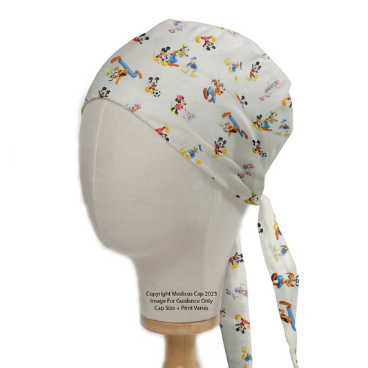 Disney Mickey Character Mashup scrub cap from Medicus Scrub Caps, featuring Pluto, Daffy, and stars on an ivory-grey background.