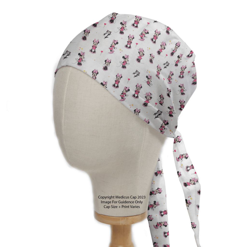 Disney Mini Mouse Scrub Cap from Medicus Scrub Caps, featuring a playful Minnie Mouse pattern on a white background. Comfortable, stylish, and perfect for medical professionals.