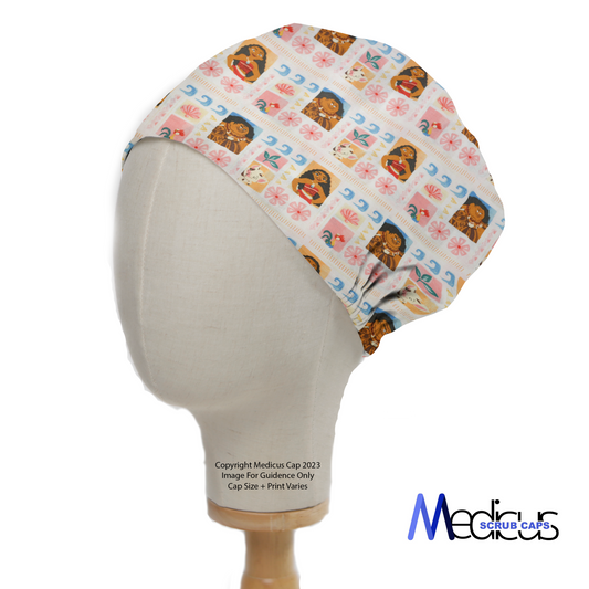 A mannequin head displays a Disney Moana Strips Scrub Cap with colorful character illustrations and tropical patterns. Designed for healthcare professionals. Image © Medicus Scrub Caps 2023.