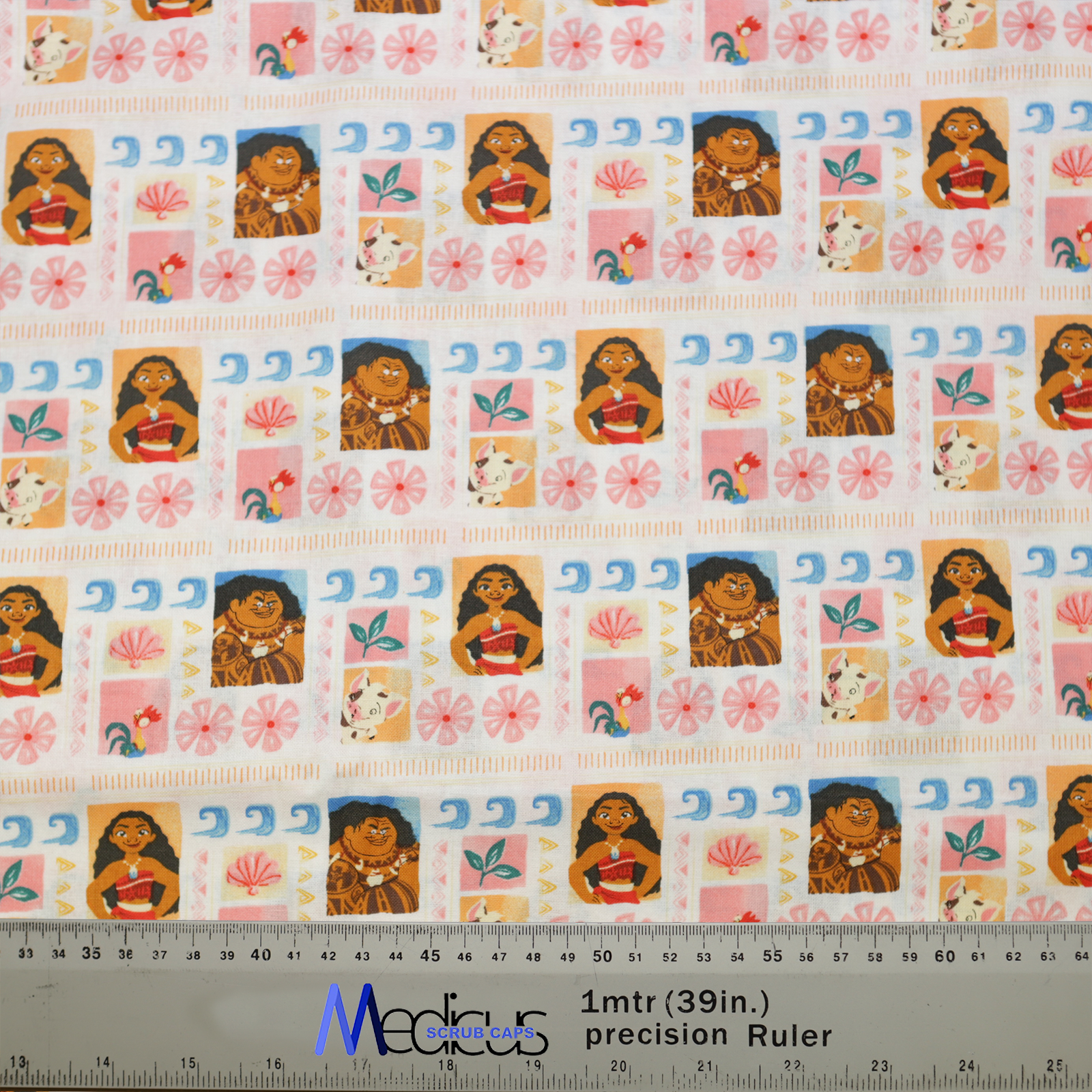 The Disney Moana Strips Scrub Cap by Medicus Scrub Caps features Moana-themed prints with characters, flowers, and waves. Ideal for healthcare professionals who love Disney.
