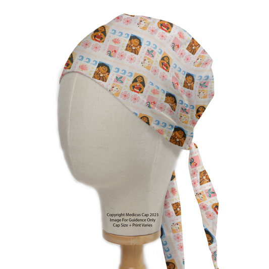 A mannequin head displays a Disney Moana Strips Scrub Cap from Medicus Scrub Caps, featuring vibrant patterns and adjustable ties for comfort.